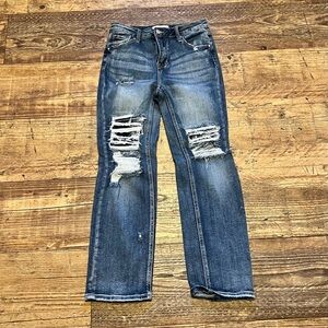 RISEN Distressed Blue Denim Straight Leg High Rise Jeans Style RDP5121 Stretch